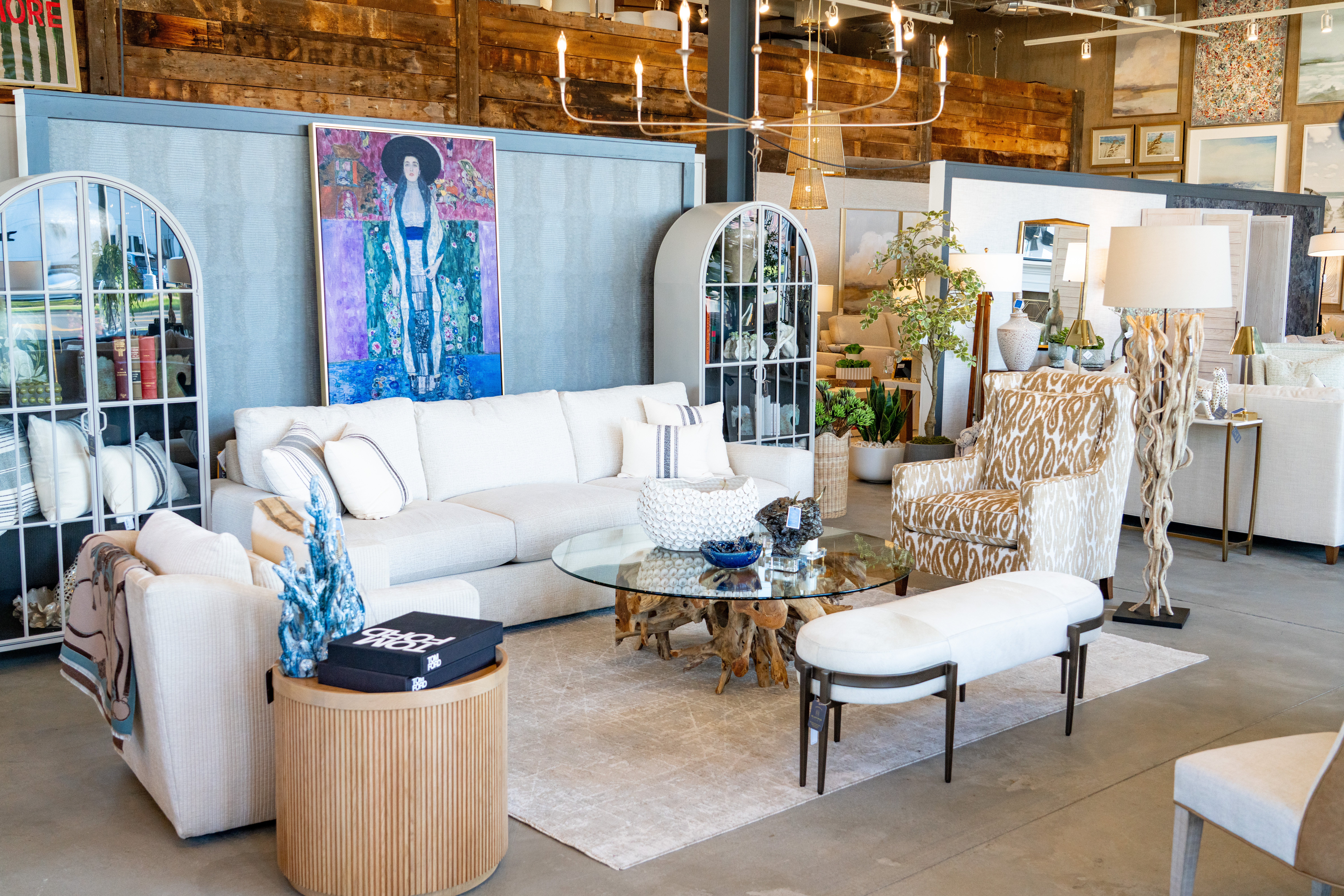 Group of interior enthusiasts discussing furniture and contemporary room design