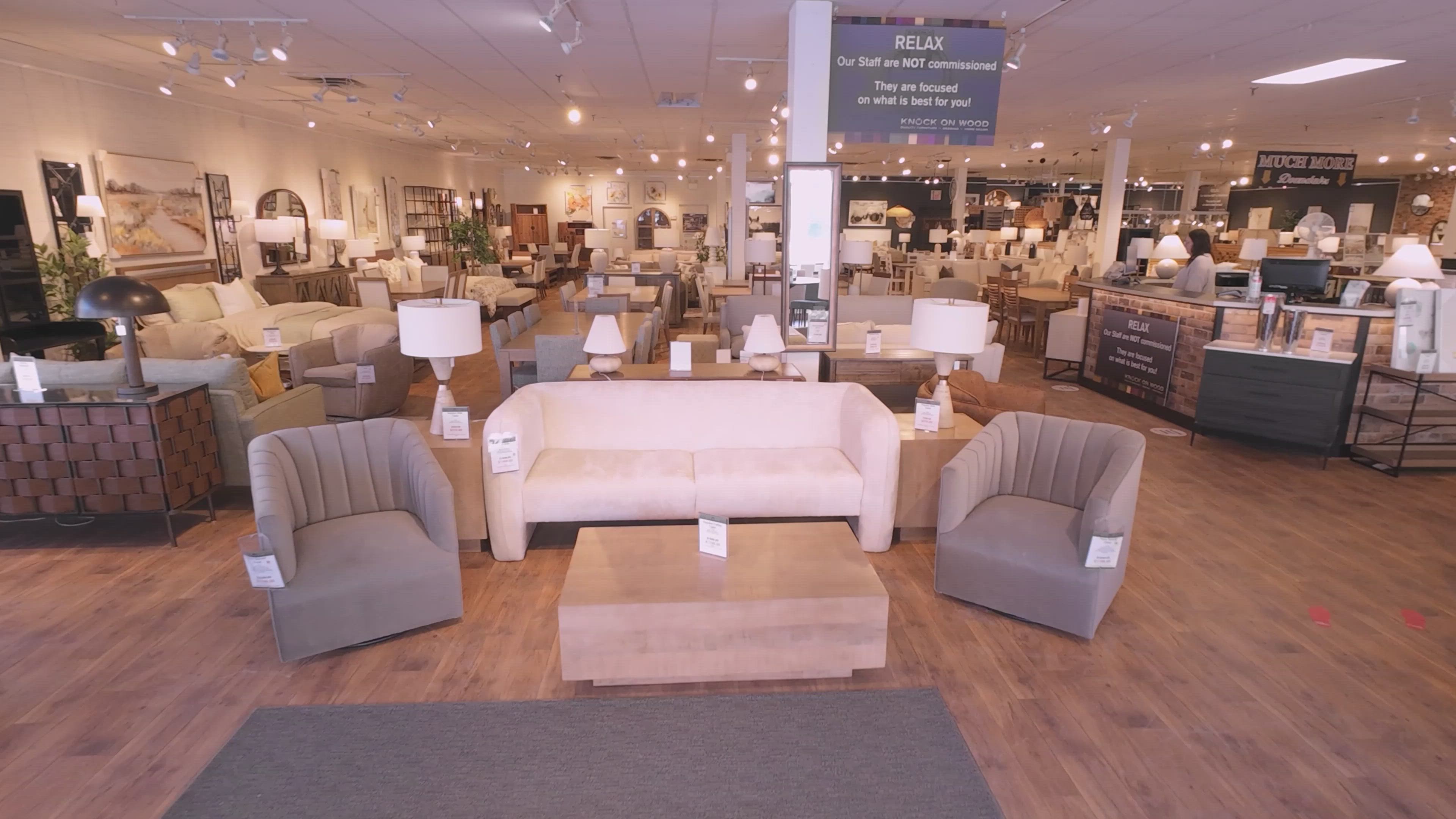 Bright contemporary furniture display with storage and decorative interior pieces
