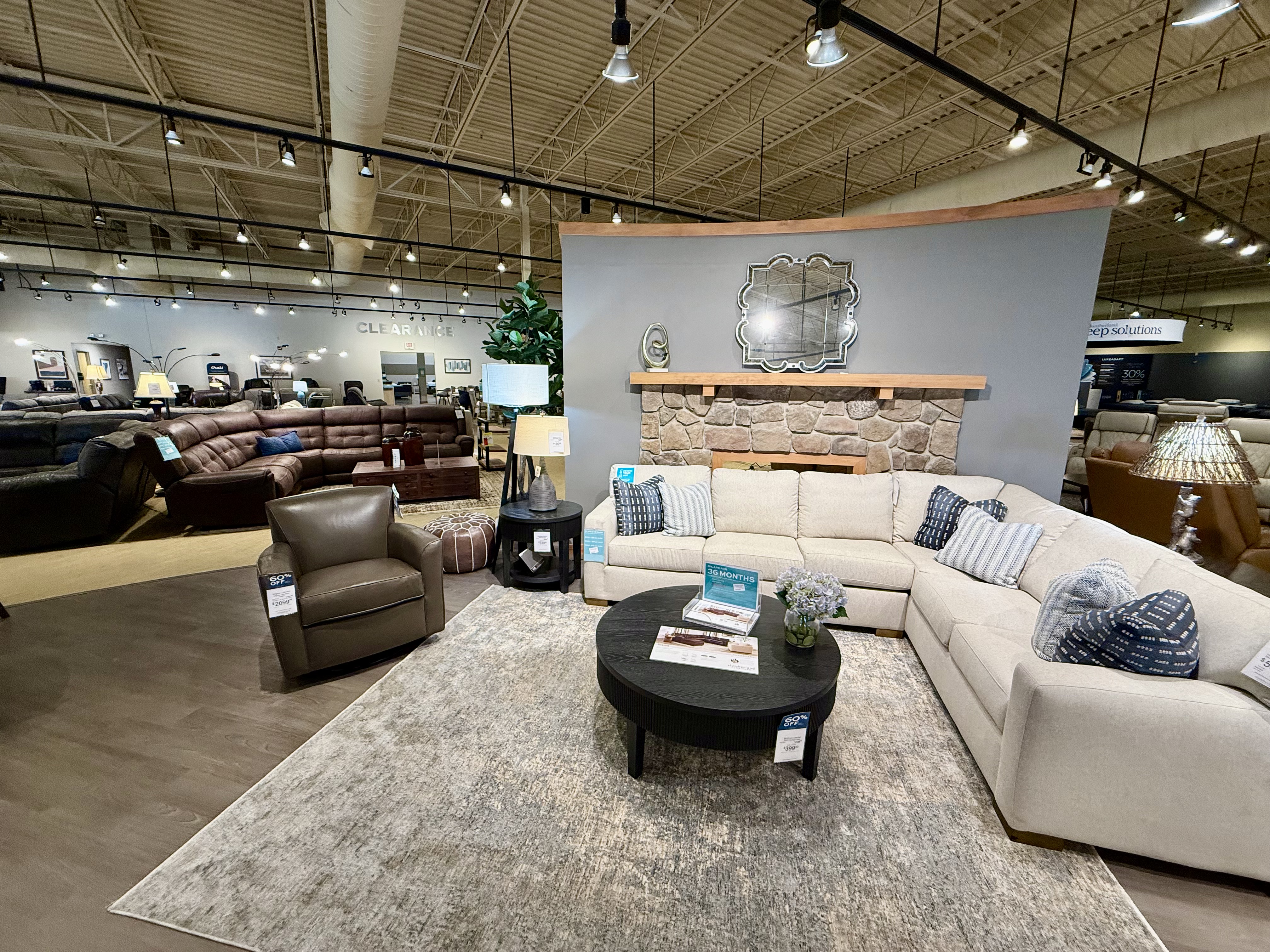 Furniture display with dining table, chairs and interior design materials